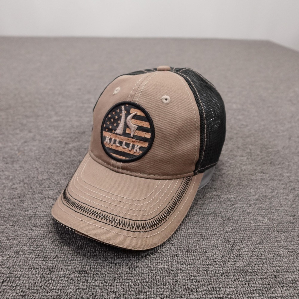 Killik Hat Cap Snap Back Mens One Size Beige Black Mesh Trucker USA Flag Patch